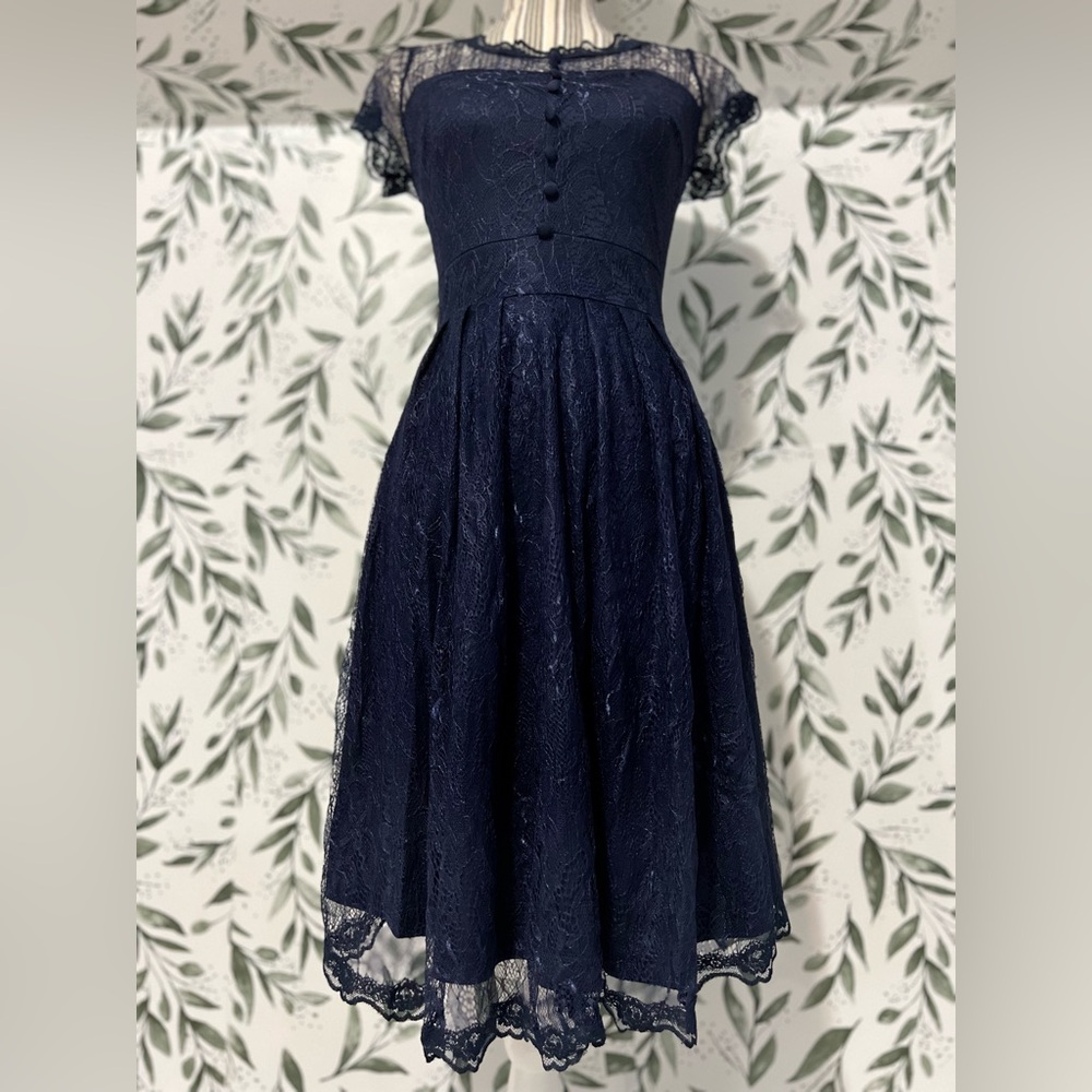 Navy Blue Lace Retro Vintage Style Dress Button Details Midi Classic XS & M #8